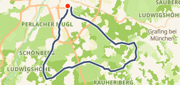 Map of Oberpframmern Runde, a 78 km road loop near Munich, DE.