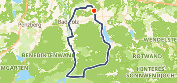 Map of Tegernsee – Sylvensteinspeicher Runde von Tegernsee, a 83 km road loop near Waakirchen, DE.